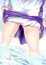  amisu close-up commentary_request female grey_hair legs mononobe_no_futo skirt skirt_hold solo thighs touhou wading water 