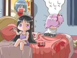  3girls ^^^ akemi_homura bad_link barefoot bed bed_sheet bedroom blanket blue_hair bow chibi clothes_on_bed commentary_request crossed_legs curtains female_pervert food hair_down hair_ornament hair_ribbon hairband hairclip hohetomaru indoors kaname_madoka kyuubee mahou_shoujo_madoka_magica mahou_shoujo_madoka_magica_(anime) messy_hair miki_sayaka mitakihara_school_uniform multiple_girls nightgown off_shoulder on_bed package pervert pocky purple_eyes red_eyes ribbon ruined_for_marriage school_uniform shiny_skin short_hair short_twintails sitting skirt sparkle square_mouth surprised sweat sweatdrop translated twintails unworn_clothes walk-in yuri 