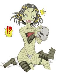  armor bandage bodily_fluids claws clothing dreadlocks fangs female fishnet_clothing green_eyes humanoid mandibles mask monster monster_girl_(genre) not_furry predator_(franchise) simple_background solo sweat sweatdrop teeth third-party_edit unconvincing_armor white_background yautja young いくら丸 