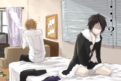  2boys after_sex after_sex alcohol bed black_hair blinds blonde_hair bottle bottles bottomless coat curtains duo durarara!! hakyo_(artist) heiwajima_shizuo male male_focus male_only multiple_boys open_clothes open_shirt orihara_izaya pants paper shirt short_hair smoking sweat yaoi 