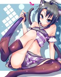  ahoge animal_ears black_hair black_thighhighs blue_eyes blush cat_ears cat_tail commentary_request female heart idolmaster idolmaster_(classic) kemonomimi_mode kikuchi_makoto natsu_(anta_tte_hitoha) short_hair skirt smile sock_pull solo tail thighhighs undressing 