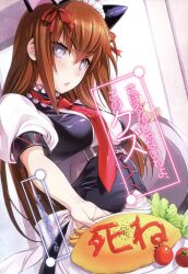  animal_ears artist_request blue_eyes blush brown_hair cat_ears female food food_writing hair_ribbon highres long_hair maid_headdress makise_kurisu necktie omelet omurice red_necktie ribbon solo steins;gate tomato tray waitress 