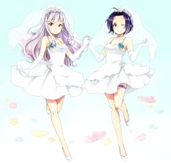  2girls ahoge bad_id bad_pixiv_id bridal_veil dress elbow_gloves flower gloves grey_hair holding_hands idolmaster idolmaster_(classic) interlocked_fingers miura_azusa multiple_girls one_eye_closed red_eyes shijou_takane short_hair smile sukoyaka_(100hituzi) thigh_strap veil wedding_dress 