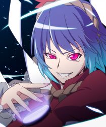  blue_hair commentary_request female fingernails grin h-new hair_ornament highres mirror nail_polish oerba_yun_fang photoshop_(medium) red_eyes rope sharp_fingernails shimenawa short_hair slit_pupils smile solo touhou yasaka_kanako 