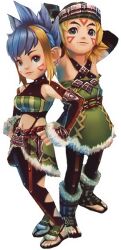  1boy aqua_eyes belly belt blonde_hair breasts female final_fantasy final_fantasy_crystal_chronicles fur game head_scarf headscarf moe multicolored_hair navel pantyhose pose sandals selkie shirt short_hair skirt smile spiked_hair standing tattoo toes turtleneck two-tone_hair yellow_hair 