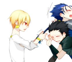  3boys armor black_hair blonde_hair blue_hair blush closed_eyes earrings fate/stay_night fate/zero fate_(series) gilgamesh haine33 haine_(howling) jewelry lancer lancer_(fate/zero) long_hair male male_focus multiple_boys oerba_yun_fang ponytail red_eyes short_hair 