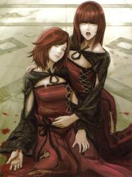  2girls artist_request blood closed_eyes death devola green_eyes long_hair moire multiple_girls nier nier_(series) official_art open_mouth pants popola red_hair scan siblings sisters spoilers tears twins 