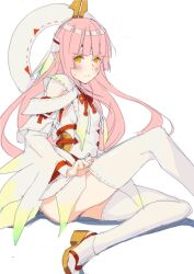  amatsumagatsuchi_(armor) commentary_request female kagetomo_midori monster_hunter_(character) monster_hunter_(series) monster_hunter_portable_3rd pink_hair sandals sitting solo thighhighs yellow_eyes 