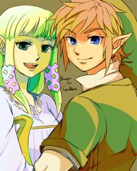  1boy :d bad_id bad_pixiv_id blonde_hair blue_eyes dress earrings english_text engrish_text female hat instrument jewelry link long_hair lyre open_mouth pointy_ears princess_zelda ranguage saiba_(henrietta) smile the_legend_of_zelda the_legend_of_zelda:_skyward_sword 