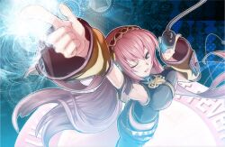  arm_up blue_eyes breasts commentary_request crop_top detached_sleeves female foreshortening from_above glowing hide_(hideout) large_breasts long_hair looking_at_viewer looking_up megurine_luka microphone midriff pink_hair pointing shirt sleeveless sleeveless_shirt smile solo very_long_hair vocaloid 