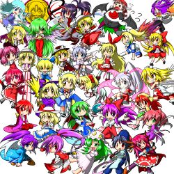  6+girls alice_margatroid alice_margatroid_(pc-98) animal_ears annotated asakura_rikako blonde_hair blue_eyes blue_hair blush bow broom brown_hair cape cat_ears chains clock commentary_request crescent cross dress dual_persona elis_(touhou) ellen_(touhou) elly_(touhou) everyone evil_eye_sigma eyeball gengetsu_(touhou) gloves green_eyes green_hair grey_hair hair_bobbles hair_ornament hair_ribbon hairband hairbow hakama hakama_skirt hakurei_reimu hakurei_reimu_(pc-98) hat highres horns japanese_clothes kana_anaberal kataginu kazami_yuuka kazami_yuuka_(pc-98) kikuri_(touhou) kimono kirisame_marisa kirisame_marisa_(pc-98) kitashirakawa_chiyuri konngara_(touhou) kotohime_(touhou) kurumi_(touhou) long_hair louise_(touhou) mai_(touhou) maid maid_headdress matenshi_(touhou) meira_(touhou) miko mima_(touhou) mugetsu_(touhou) multiple_girls noroiko ofuda okazaki_yumemi one_eye_closed open_mouth orange_(touhou) outstretched_arms pentagram ponytail purple_eyes purple_hair r-18_jii red_eyes red_hair ribbon rika_(touhou) rocket sailor sailor_hat sara_(touhou) sariel_(touhou) scythe seiza shingyoku_(female) shingyoku_(male) shingyoku_(touhou) shinki_(touhou) short_hair sitting skirt smile staff star_(symbol) sword tabi touhou touhou_(pc-98) transparent_background very_long_hair wand weapon wings yawning yellow_eyes yuki_(touhou) yumeko_(touhou) 