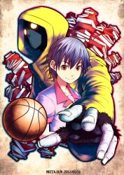  bad_id bad_pixiv_id bakemonogatari ball basketball basketball_(object) book book_stack dark_persona dual_persona female glowing glowing_eyes k-suwabe kanbaru_suruga monkey_arm monogatari_(series) naoetsu_high_school_uniform purple_hair raincoat rainy_devil red_eyes school_uniform short_hair spoilers too_many too_many_books yellow_raincoat 