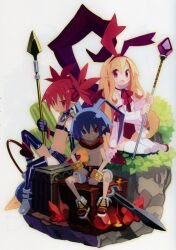  1boy 2girls blonde_hair blue_hair demon_boy demon_girl disgaea earrings etna_(disgaea) fallen_angel flonne flonne_(fallen_angel) gloves happy harada_takehito jewelry laharl long_hair multiple_girls oerba_yun_fang official_art polearm prinny red_eyes ribbon scan scarf sitting skirt spear sword tail thighhighs twintails weapon 