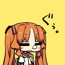  =_= ano_natsu_de_matteru blush blush_stickers brown_hair chan_co chibi closed_eyes commentary_request female long_hair nose_bubble open_mouth school_uniform sleeping solo translated twintails upper_body yamano_remon yellow_background 