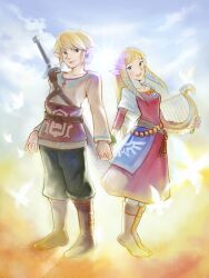  1boy belt blonde_hair blue_eyes bracelet commentary_request earrings female highres holding_hands instrument interlocked_fingers jewelry link long_hair lyre photoshop_(medium) pointy_ears princess_zelda shirokichi sky smile sword the_legend_of_zelda the_legend_of_zelda:_skyward_sword weapon 