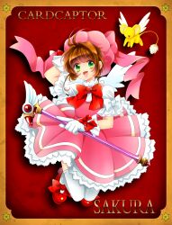  bad_id bad_pixiv_id brown_hair cardcaptor_sakura colorized dress female fuuin_no_tsue glove_bow gloves green_eyes hat hifumi_(balance) highres kero_(cardcaptor_sakura) kinomoto_sakura kinomoto_sakura_(magic_dream_costume) minamoto_genji pink_hat short_hair wand white_gloves 