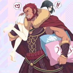  ! 2boys ancient_greek_clothes armor barefoot beard black_eyes black_hair cape carrying carrying_over_shoulder chiton commentary_request facial_hair fate/zero fate_(series) feet greco-roman_clothes heart iskandar_(fate) male_focus multiple_boys okurabaakaa photoshop_(medium) pillow red_hair spoken_heart waver_velvet world_map yes yes-no_pillow 