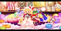  ankle_cuffs balance_scale bare_legs barefoot bed blonde_hair bloomers blush bottle bow bowtie brooch candle character_doll commentary_request cup dress female flandre_scarlet flower goriyaku hands_on_own_knees hat hat_bow indoors jar jewelry kirisame_marisa letterboxed long_hair marble_(toy) photoshop_(medium) picture_frame pillow red_eyes remilia_scarlet ribbon scarf shield side_ponytail sitting solo stuffed_animal stuffed_toy teacup teapot teddy_bear touhou underwear very_long_hair weighing_scale wings witch_hat wrist_cuffs 