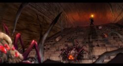  blurry bug commentary_request dark_souls_(series) dark_souls_i depth_of_field foreshortening highres letterboxed light mutsuki_(moonknives) photoshop_(medium) plant_roots shadow solaire_of_astora solo spoilers stairs sword tunnel weapon 