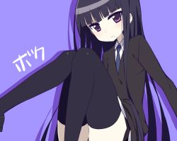  :&lt; black_hair black_thighhighs chan_co commentary_request female inu_x_boku_ss long_hair necktie purple_eyes school_uniform shirakiin_ririchiyo sitting solo thighhighs translated 