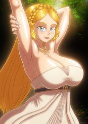  1girls arm_behind_head armpits beg4cake big_breasts blonde_hair blue_eyes braided_hair breasts breath_of_the_wild cleavage dress glowing_skin long_hair looking_at_viewer necklace nintendo princess_zelda the_legend_of_zelda wide_hips zelda_(breath_of_the_wild) 