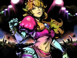  adapted_costume bad_id bad_pixiv_id blonde_hair blue_eyes bracelet crop_top crown dancing female jewelry long_hair mario_(series) midriff navel nekoixa pink_lips princess_peach puffy_sleeves rave_party solo 