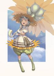  bag blush boots commentary_request fairy female flower flower_umbrella gloves grey_eyes handbag hat kneehighs open_mouth original photoshop_(medium) pinky_out shizuma_yoshinori silver_hair smile socks solo straw_hat sunflower umbrella 