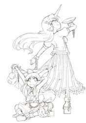  2girls brown_theme chains horns hoshiguma_yuugi ibuki_suika long_hair masu_gitsune monochrome multiple_girls single_horn touhou 