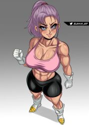  1girls abs athletic_female belly_button big_breasts blannis_art blue_eyes bra_(dragon_ball) bra_briefs dragon_ball dragon_ball_multiverse dragon_ball_z fit_female gloves latex latex_p latex_pants looking_at_viewer muscular_arms muscular_female muscular_legs navel ponytail purple_hair six_pack son_bra sports_bra sports_shorts tomboy 