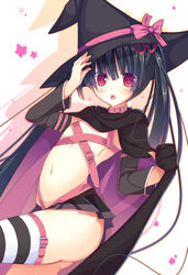  :o alternate_costume ayachi_nene ayachi_nene_(cosplay) belt_bra black_hair blush bow cape collarbone commentary_request company_connection cosplay cowboy_shot creator_connection female flat_chest hair_ribbon halloween hat hat_bow highres humuyun long_hair looking_at_viewer masamune_shizuru microskirt navel noble_works red_eyes ribbon sanoba_witch skirt solo star_(symbol) striped_clothes striped_thighhighs thighhighs very_long_hair witch_hat yuzu-soft 