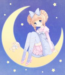  blonde_hair bloomers blue_eyes blue_thighhighs bonxy bow commentary crescent_moon dress_shirt drill_hair english_commentary female frilled_sleeves frills full_body hairbow highres lolita_fashion long_sleeves moon night night_sky on_crescent original petticoat photoshop_(medium) pink_footwear puffy_sleeves sad shirt sitting sky solo star_(sky) star_(symbol) starry_sky stuffed_animal stuffed_toy sweet_lolita thighhighs underwear 