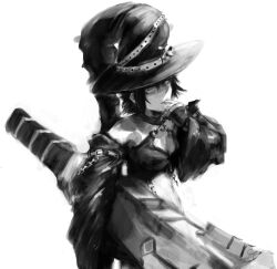  barmelin_swattis_nolne choker cleavage_cutout clothing_cutout crop_top detached_sleeves drawfag female finger_to_mouth greyscale hat highres huge_weapon imageboard_desourced koukaku_no_regios midriff monochrome non-web_source photoshop_(medium) short_hair weapon witch_hat 