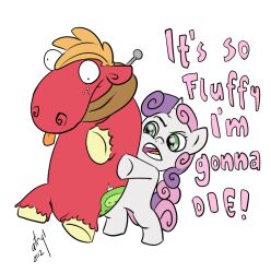  2012 atryl big_macintosh_(mlp) cutie_mark despicable_me digital_media_(artwork) duo earth_pony english_text equid equine female feral friendship_is_magic hasbro horn horse illumination_entertainment male mammal my_little_pony mythological_creature mythological_equine mythology plow_yoke plushie pony reaction_image sweetie_belle_(mlp) tail text unicorn young young_feral 