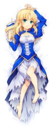  ahoge arnoul artoria_pendragon_(fate) bad_id bad_pixiv_id barefoot blonde_hair dakimakura_(medium) dress fate/stay_night fate_(series) female full_body green_eyes hair_down long_hair photoshop_(medium) saber_(fate) solo undersuit 