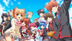  4boys 6+girls animal_ears baseball_bat baseball_mitt bow cat_ears commentary_request everyone feline highres inohara_masato kamikita_komari kemonomimi_mode kurugaya_yuiko lennon little_busters! little_busters!_school_uniform long_hair miyazawa_kengo multiple_boys multiple_girls naoe_riki natsume_kyousuke natsume_rin nishizono_mio noumi_kudryavka photoshop_(medium) pink_bow saigusa_haruka school_uniform umbrella zen_(kamuro) 