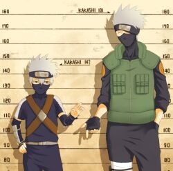  2boys 3outchange arm_guards commentary_request fingerless_gloves forehead_protector gloves grey_hair hand_in_pocket hatake_kakashi height_chart male_focus mask multiple_boys naruto naruto_(series) spiked_hair time_paradox vest 