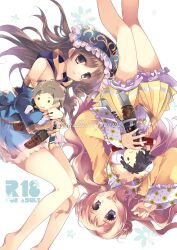  2girls atelier_(series) atelier_meruru atelier_totori bad_id bad_pixiv_id bare_legs barefoot blonde_hair blue_eyes blue_skirt blue_sleeves brown_eyes brown_hair character_doll commentary_request detached_sleeves frills german_text gino_knab hairband half_updo lias_falken long_hair merurulince_rede_arls minazuki_haruka multiple_girls photoshop_(medium) rotational_symmetry skirt totooria_helmold translated upside-down white_background yellow_skirt 