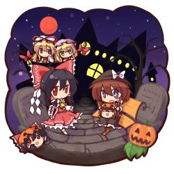  4girls :d ^_^ black_hair blonde_hair blue_eyes blush_stickers boots bow brown_hair chibi closed_eyes commentary_request dress fushigi_ebi gap_(touhou) grave hair_tubes hakurei_reimu halloween hand_on_own_face hat hat_bow hat_ribbon jack-o&#039;-lantern maribel_hearn multiple_girls open_mouth pumpkin purple_eyes red_eyes ribbon smile touhou usami_renko yakumo_yukari yukkuri_shiteitte_ne 