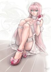  ankle_garter blue_eyes breasts cleavage commentary_request dress female flower gloves kanran_demel long_hair medium_breasts megurine_luka pink_hair rose sitting solo vocaloid white_gloves 