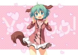  :d ahoge animal_ears belt_collar blush collar comic_sans commentary_request cowboy_shot dog_ears dog_tail english_text female green_eyes green_hair hands_up heart heart_background highres kasodani_kyouko long_sleeves looking_at_viewer miniskirt open_mouth outside_border pink_background pink_shirt polka_dot polka_dot_background red_collar shirt short_hair shouting skirt smile solo tail touhou white_skirt yamasan 