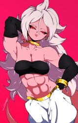  1girls abs android_21 android_21_(evil) arabian_clothes belly_button black_sclera bracelet dragon_ball dragon_ball_fighterz dragon_ball_z harem_outfit jewelry looking_at_viewer majin_android_21 medium_breasts muscular_arms muscular_female navel pink_skin red_eyes six_pack spiked_hair spiky_hair tail white_hair 