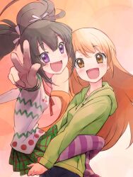  2girls :d amamiya_rizumu bad_id bad_pixiv_id black_hair blonde_hair brown_eyes carrying foreshortening highres hood hoodie kurisu_kaname leg_lock looking_at_viewer multiple_girls nyama open_mouth orange_theme pantyhose pretty_rhythm pretty_rhythm_aurora_dream pretty_series purple_eyes purple_legwear smile striped_clothes striped_pantyhose v 