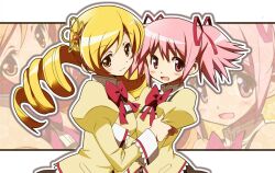  2girls blonde_hair commentary_request drill_hair hair_ornament hair_ribbon kaname_madoka mahou_shoujo_madoka_magica mahou_shoujo_madoka_magica_(anime) mitakihara_school_uniform multiple_girls nyoro_(nyoronyoro000) open_mouth photoshop_(medium) pink_eyes pink_hair ribbon school_uniform short_twintails smile tomoe_mami twintails yellow_eyes zoom_layer 