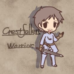  0_0 1boy :d bad_id bad_pixiv_id brown_background brown_hair character_name chibi crestfallen_warrior dark_souls_(series) dark_souls_i facial_hair fushigi_ebi gloves holding male_focus open_mouth shadow smile solid_oval_eyes solo sword weapon 