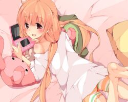  ass barefoot bed blush brown_hair commentary_request female from_above futaba_anzu game_boy game_boy_(original) handheld_game_console idolmaster idolmaster_cinderella_girls long_hair looking_up lying nintendo_3ds off_shoulder on_bed on_stomach open_mouth pillow plus9 red_eyes solo stuffed_animal stuffed_toy twintails 