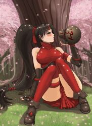  akali akali_(legacy) arm_strap black_hair blush breasts cherry_blossoms commentary_request crimson_akali elbow_gloves female fingerless_gloves gloves gourd highres large_breasts league_of_legends legs long_hair photoshop_(medium) ponytail qinglong_zaitian shirt sitting solo taut_clothes taut_shirt thigh_strap thighhighs thighs tree very_long_hair wide_hips 