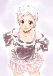  blush bracelet brown_eyes commentary_request earrings female grin hakkaku_shikimi hands_on_own_hips idolmaster idolmaster_cinderella_girls jewelry pixie_cut senzaki_ema short_hair skirt smile solo spiked_bracelet spikes very_short_hair white_hair 