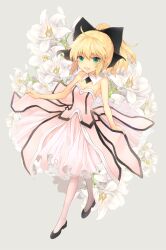  ahoge arnoul artoria_pendragon_(fate) bad_id bad_pixiv_id bare_shoulders blonde_hair bow caliburn_(fate) detached_sleeves doily dress fate/stay_night fate/unlimited_codes fate_(series) female flower green_eyes hairbow highres lily_(flower) name_connection object_namesake pantyhose photoshop_(medium) ponytail saber_lily solo white_flower white_lily white_pantyhose 