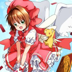  bad_id bad_pixiv_id brown_hair card cardcaptor_sakura clow_card dress female glove_bow gloves green_eyes hat kero_(cardcaptor_sakura) kinomoto_sakura kinomoto_sakura_(magic_dream_costume) magical_girl petals pink_hat ruchi short_hair wand white_gloves wings 