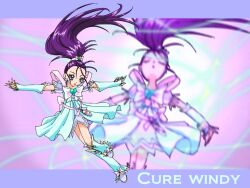  boots bow brooch character_name closed_eyes commentary_request cure_windy eyelashes female fuchi_minoru full_body futari_wa_precure_splash_star heart heart_brooch high_ponytail jewelry long_hair magical_girl mishou_mai outstretched_arms ponytail precure purple_background purple_eyes purple_hair purple_theme ribbon skirt solo spread_arms 